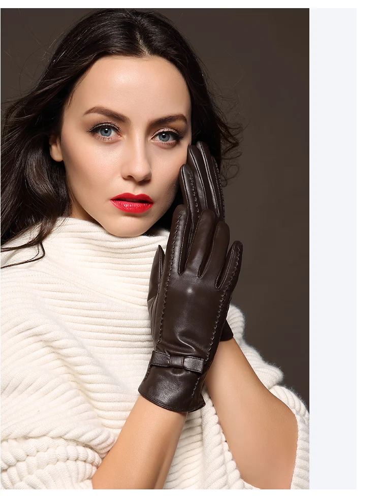 100% High Quality Real Leather Gloves Touch Screen Gloves Women Sheepskin Gloves Thicken Warm Brown Lady Warm Fleece Mittens