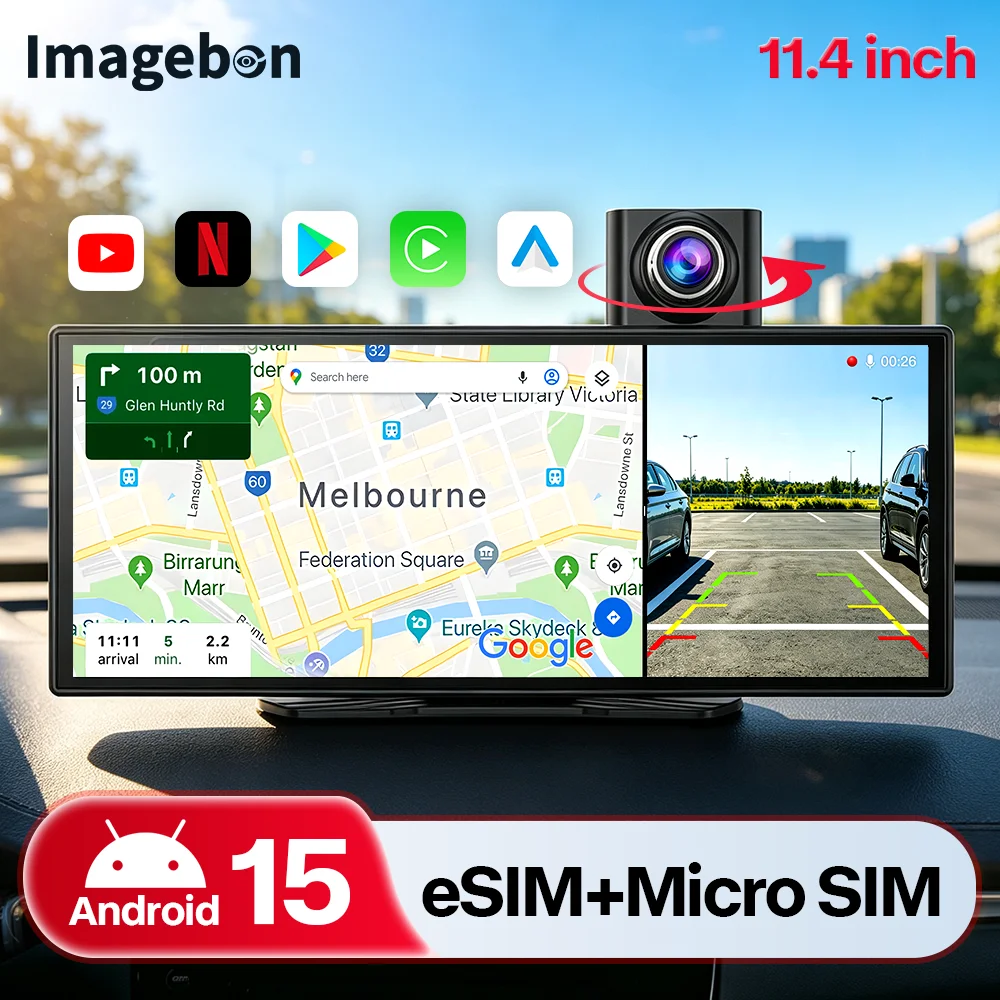 Imagebon 11,4" 4G Android 15 Dashcam 8-Kern Wireless CarPlay Android Auto Split Screen GPS GooglePlay Store 24-Stunden-Parküberwachung Auto-DVR