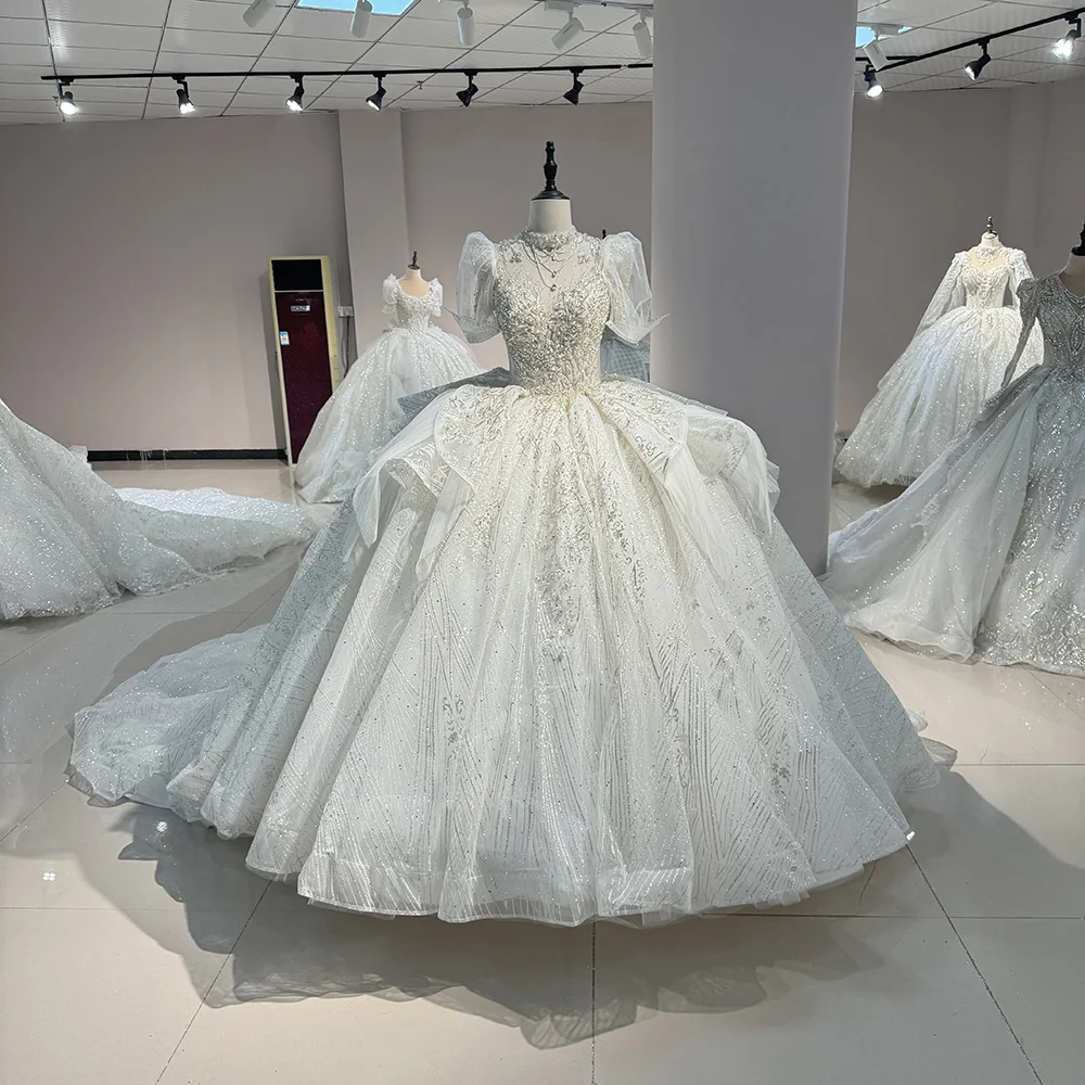 Abiti da sposa affascinanti Abiti da sposa glitterati Abito per abiti da cerimonia per feste formali Abiti da sposa 2025 Maniche corte personalizzate Corte dei treni