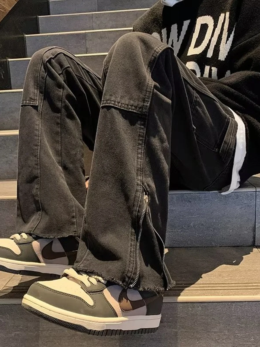 

Loose Straight Leg Workwear Jeans Men's American High Street Faion Brand Zipper Decorated Wide Leg Pants Casual Youth