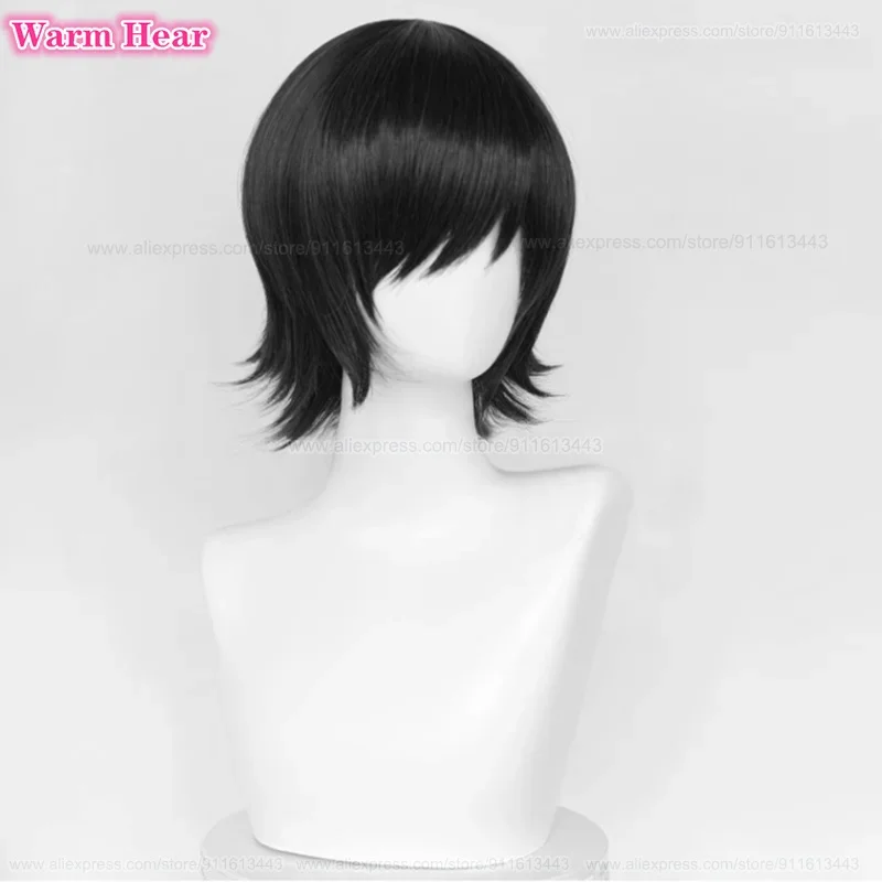 Cabelo preto fofo em camadas com máscara para os olhos, peruca cosplay himeno, curta anime, resistente ao calor, perucas de festa, boné, 35cm