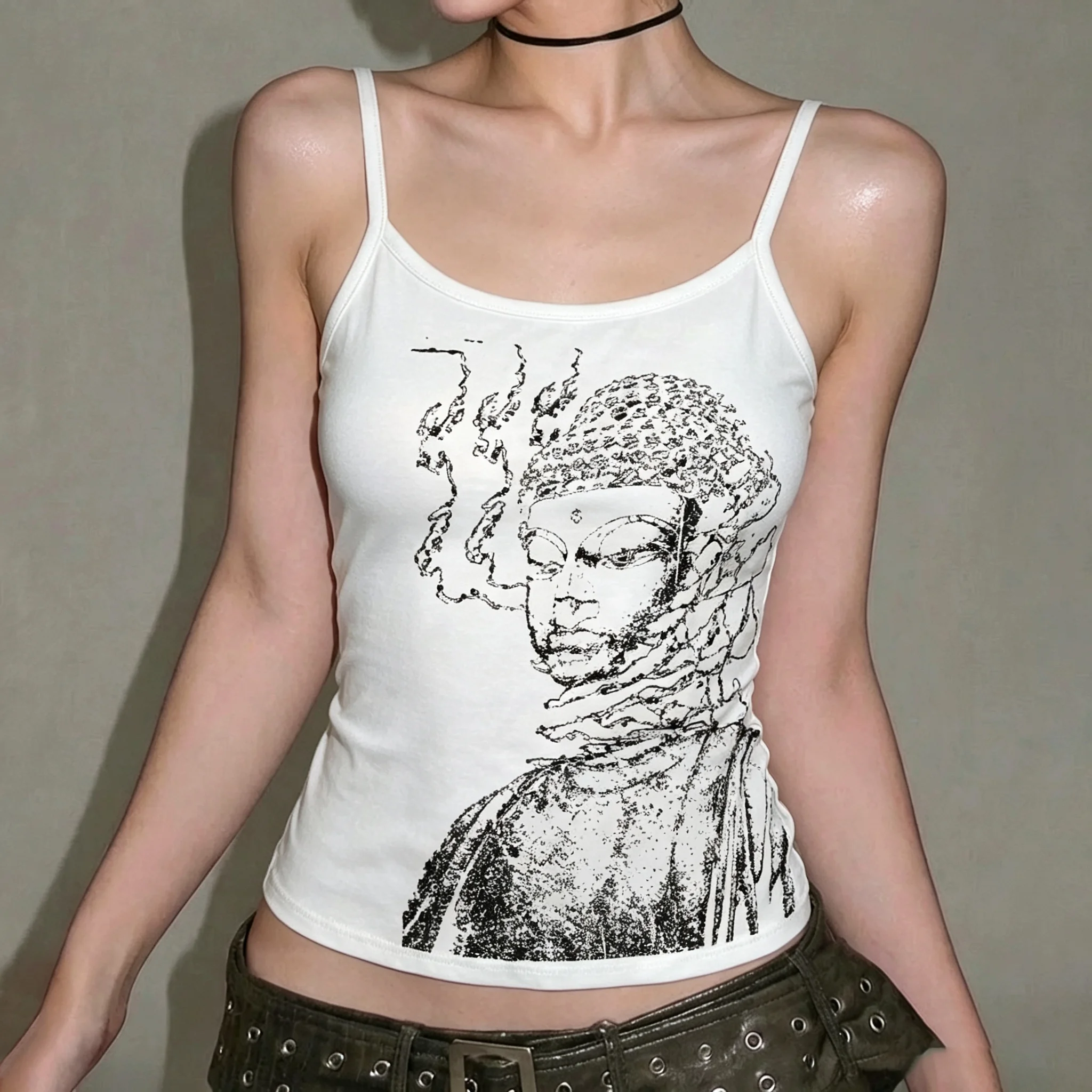 Y2K Vintage Buddha Print White Spaghetti Strap Tank Top Gothic Streetwear Slim Fit Vest Women Aesthetic Sleeveless Clubwear Punk
