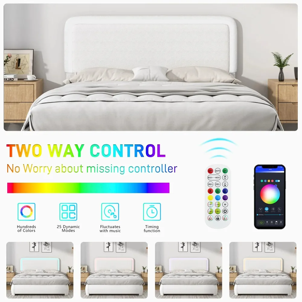 Queen Bed Frame with LED Light, Boucle Upholstered Platform Bed with Adjustable Headboard, Soft Rounded Corners, Comfy Beds image 6
