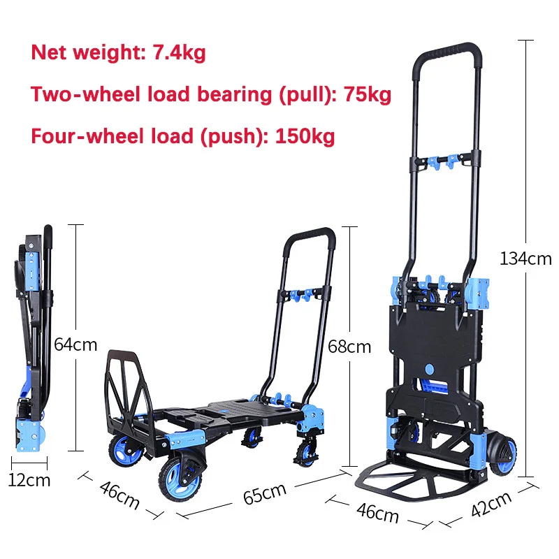 150kg Heavy Folding Retractable Trolley Luggage Handling Pull Cargo Trailer with Wheels Home Grocery Handcart Trolley