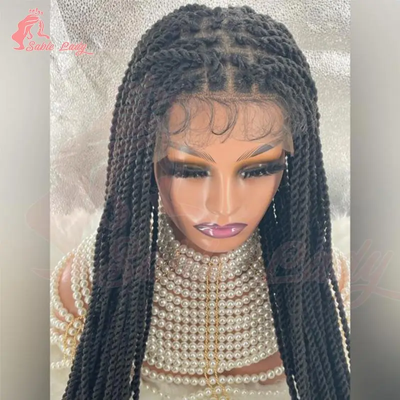 Wig Kepang Rambut Sintetis Model Goddess Twist untuk Wanita Kulit Hitam, Wig Kepang Faux Locs Burgundy Full Lace, Wig Kepang Box Braid Lace Front