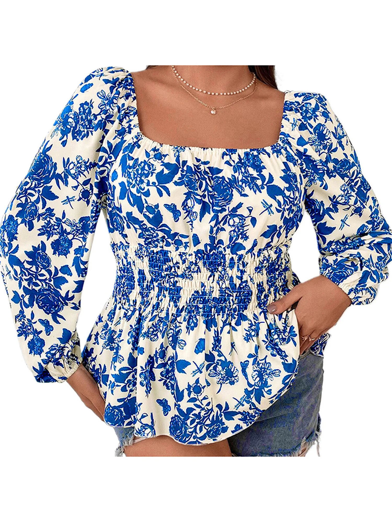 Women's Plus Size Shirts 2025 Spring Ladies Fashion Floral Print Long Sleeve Square Neck Fashion Blouses Spring Fall Casual Tops