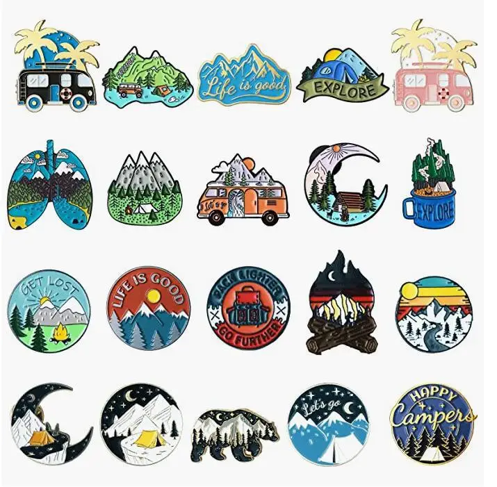 Combination Travel 20 Pcs Set Interesting Camping Flame Brooch for Clothes Backpack Denim Wear Accessories Pin Badges Metal