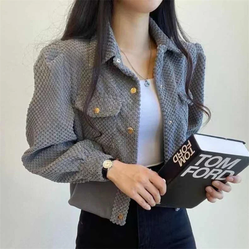 Korean Chic Autumn/winter French Retro Design Jacket, Women Single Breasted Flip Collar Corduroy Waist Collection Short Cardigan