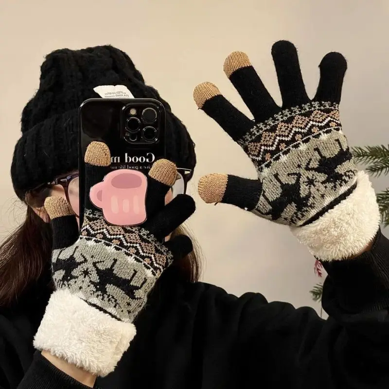 Christmas Reindeer Jacquard Knit Gloves Plush Cuff Thick Warm Gloves Autumn Winter Soft Coldproof Touchscreen Gloves Mittens