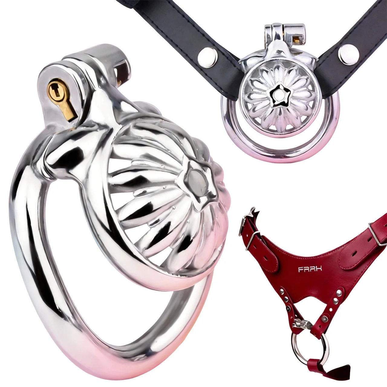FRRK Femboy Silver Metal Chastity Lock Abstinence Restraint Device Adjustable Auxiliary Strap Penis Ring Adult Play Products 18+