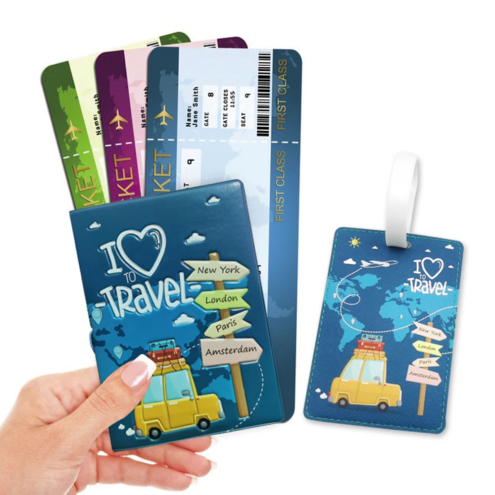 2 Pcs/set Travel Accessories Luggage Tag and Passport Holder Set Women Men Portable Leather Passport Cover ID Label Baggage Tag