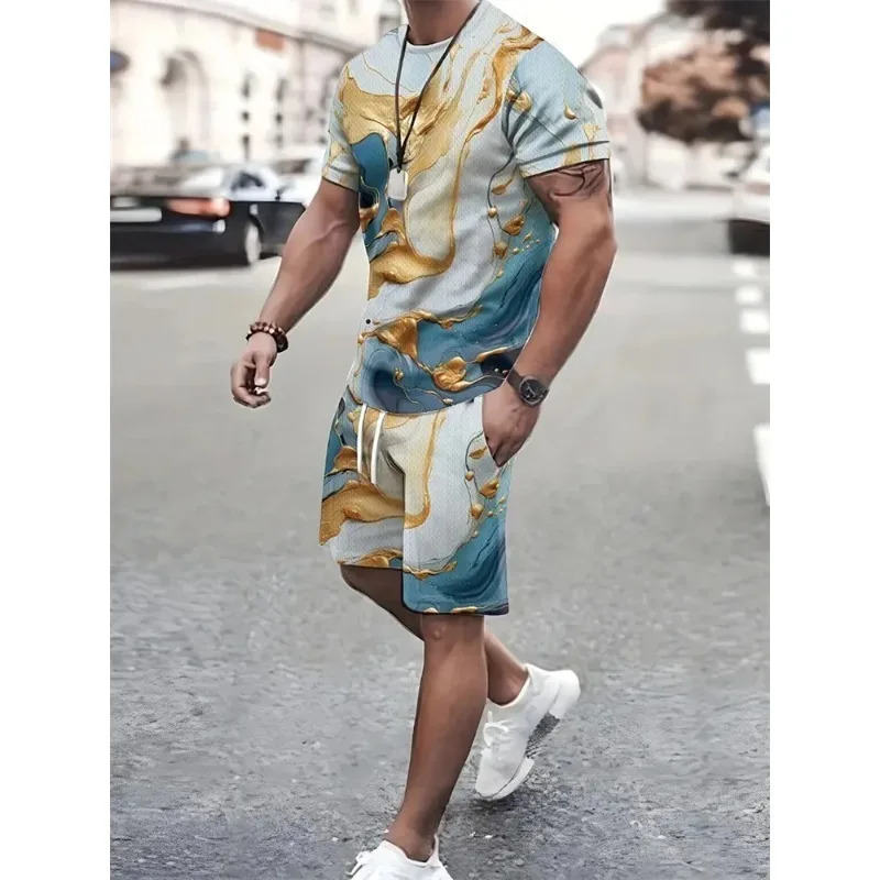 2025 New 3D Textured Men's Flat Size Clothing Printed Suits Short Sleeves and Shorts Casual Summer Sportswear