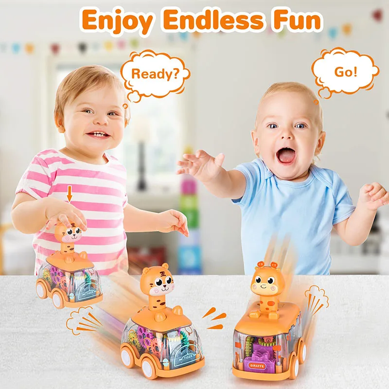 

Children Press Transparent Gear Inertia Early Education Puzzle Cartoon Simulation Animal Bus Car with Light Toy