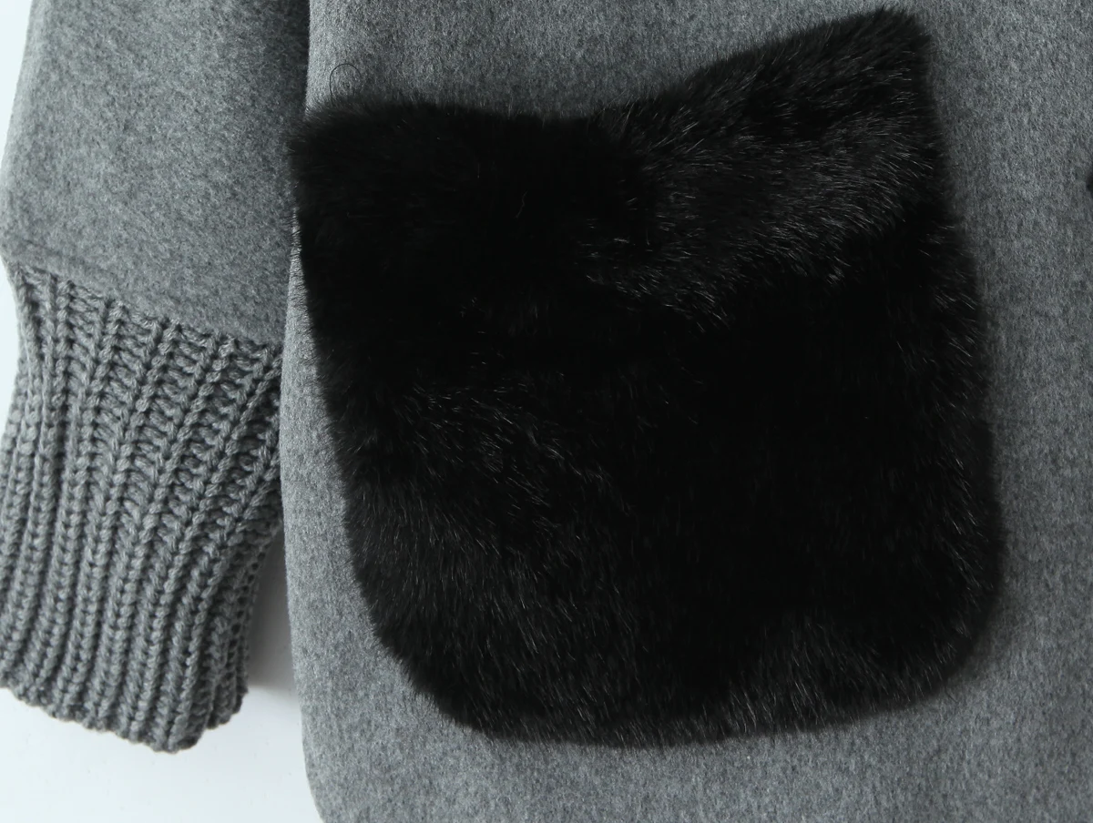 3 ألوان جديد الخريف الشتاء رمادي أشعث فو الفراء الجبهة جيب معطف الصوف المرأة الوقوف طوق أزرار مفتوحة ميدي خندق ملابس خارجية #6