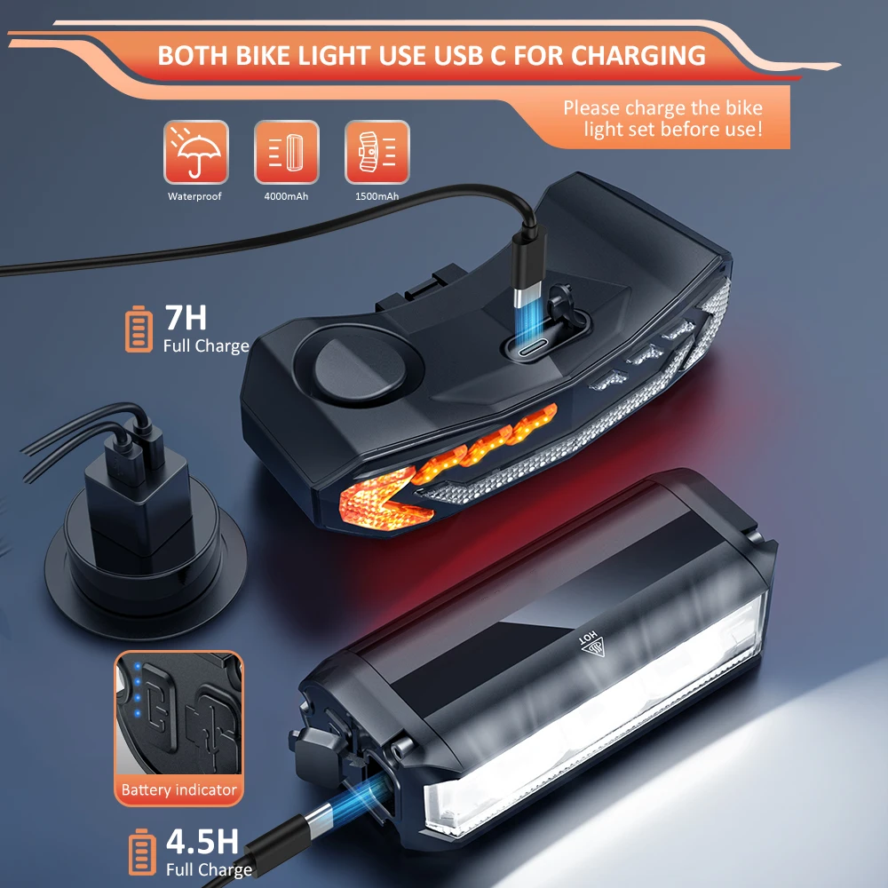 Wsdcam 자전거 라이트 세트, 리모컨 자전거 후미등, 방향 지시등 포함, 자전거 브레이크 경보, 자전거 헤드라이트, 후방 및 전방 램프