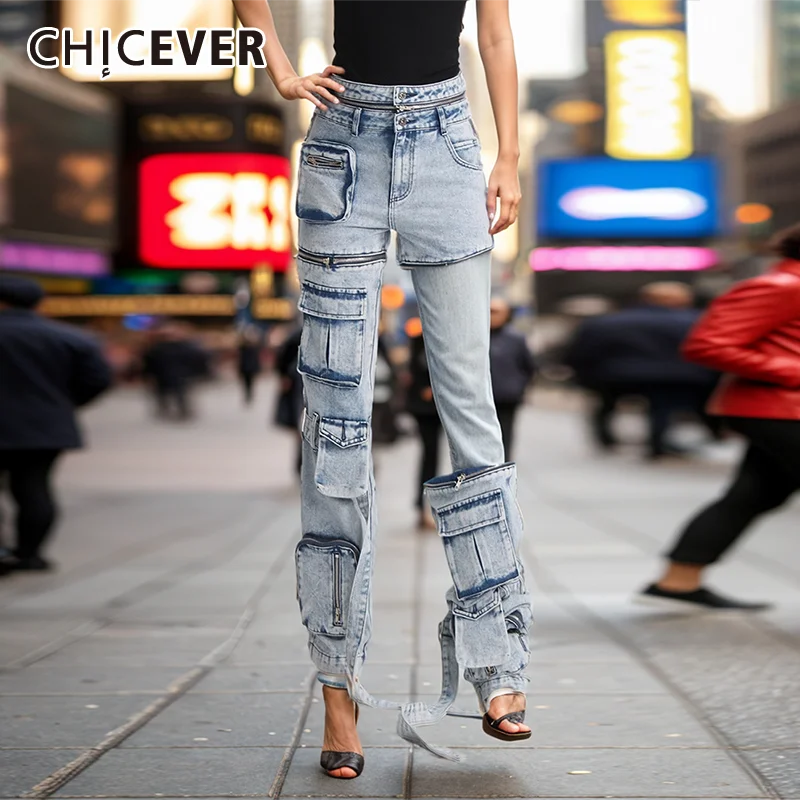 

CHICEVER Sexy Hollow Out Patchwork Zipper Jeans For Women High Waist Spliced Pockets Streetwear Loose Wide Leg Pants Female New