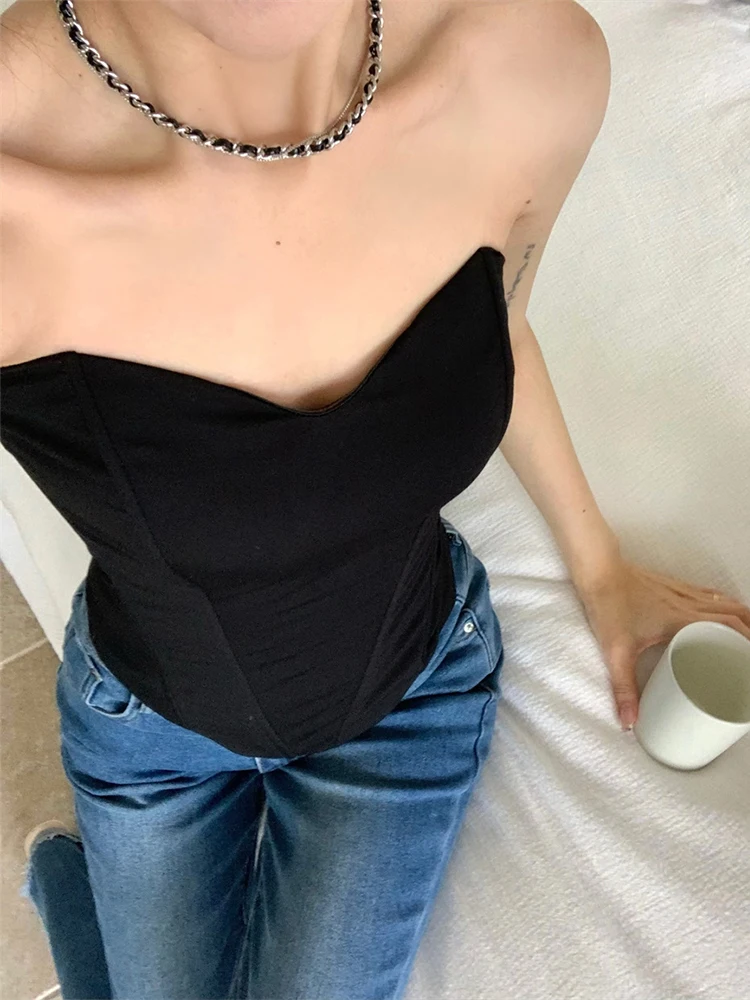 American Style Sexy Black Fishbone Crop Top Women's Summer Slim Fit Waist Cinching Chest Wrap Shirt Polyester Fiber Short Length