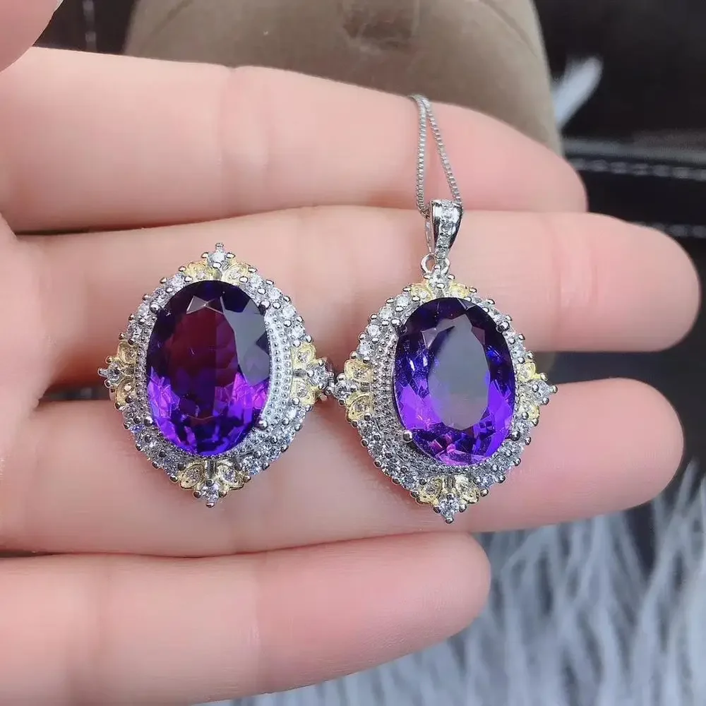 

Fine Jewelry 925 Sterling Silver Natural Amethyst Ring Pendant Set Necklace for Women Free Shipping