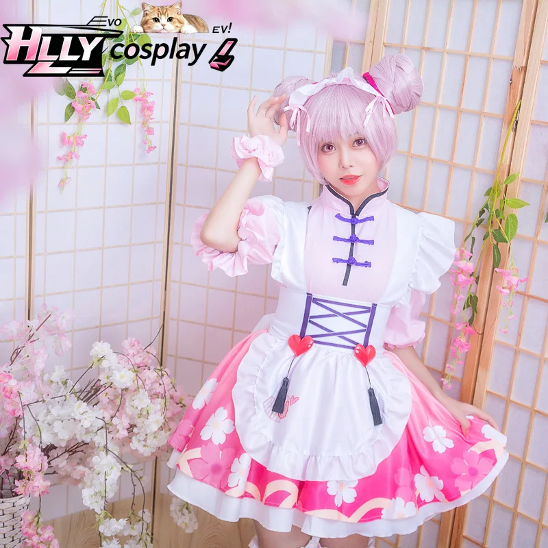 

Honor of Kings Xiao Qiao Maid Cosplay Costume Full Set - Women's Pink Sakura Themed Dress Ruffled Apron and Matching Accessories