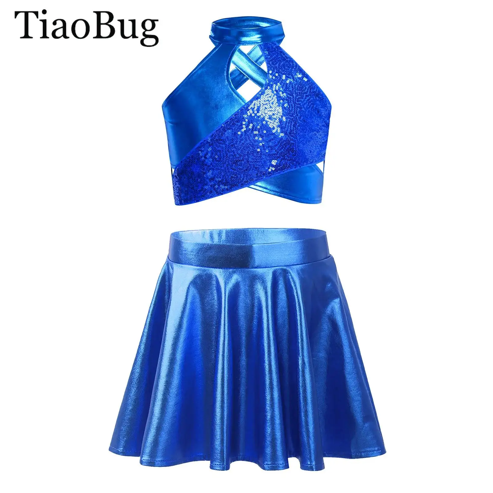 Girls Jazz Dance Outfit Shiny Sequins Crop Top with Metallic Skirt Latin Ballet Dancewear Cheerleading Stage Performance Costume