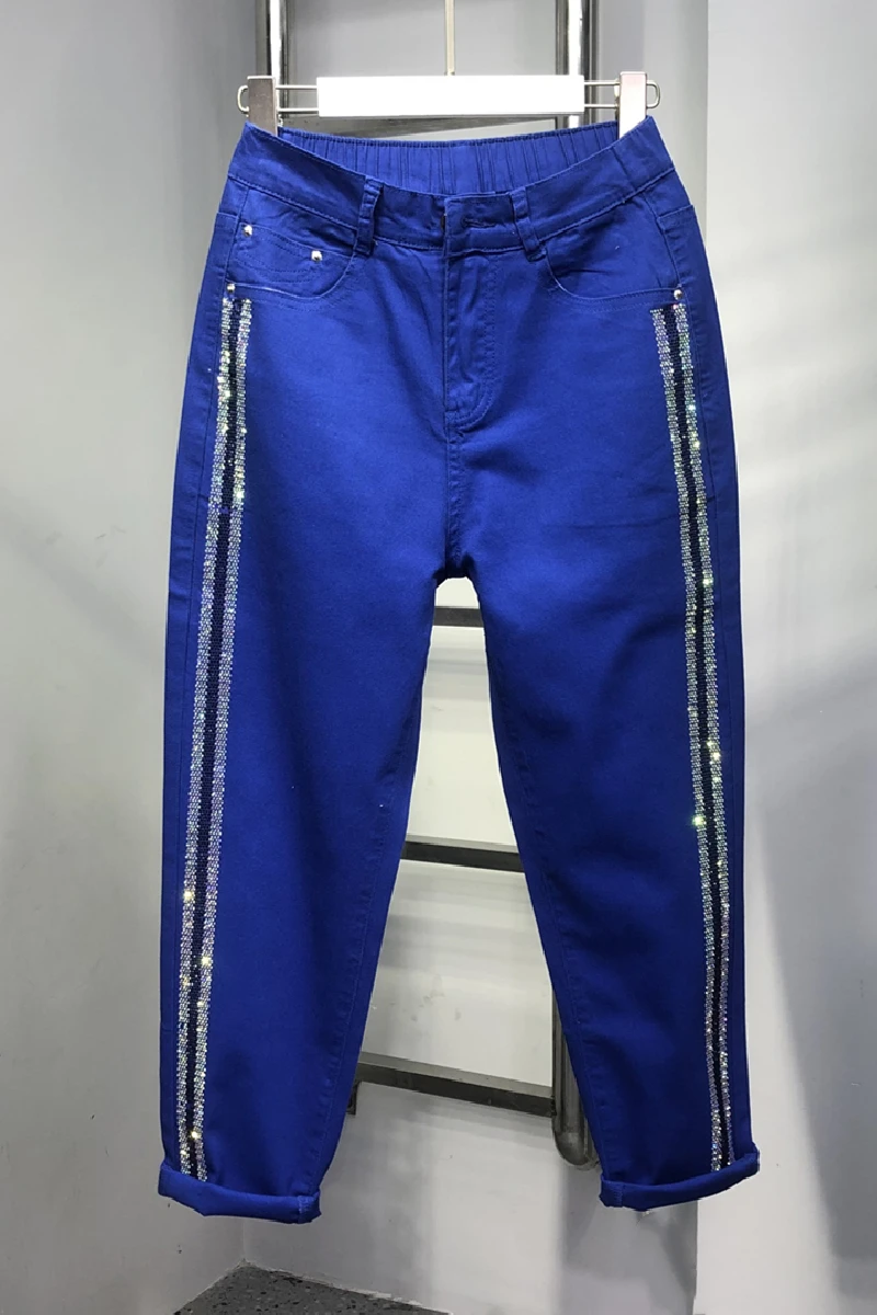 Multicolour Water Drill Spring Summer Women Denim Trousers Candy Color Stretch All-match High Waist Ankle-length Harem Jeans