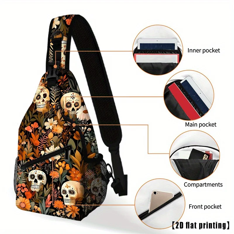 Day of the Dead Inspired Crossbody Bag Backpack Compact Chest Bag with Floral sugar skull pattern Adjustable Strap for Travel