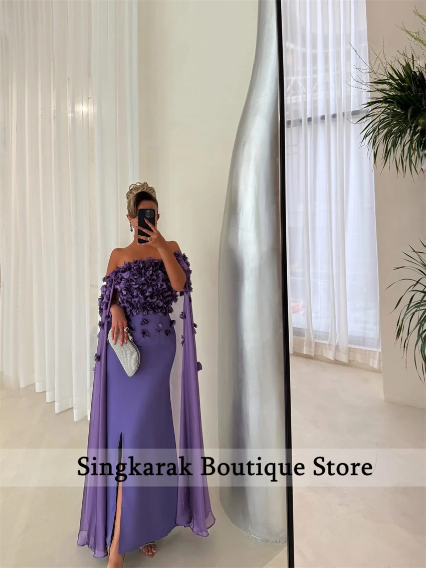 

Charming Women's Mermaid Off Shoulder Purple Evening Dresses Customized Flower Party Prom Gowns Flowers Vestidos De Fiesta