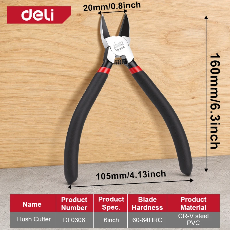 Deli Industriële Diagonaal Tang 55 #   Hoogwaardige koolstofstalen scherpe kantknippers met TPR-handvat, elektriciensgereedschap, 5/6 inch kunststof knippers