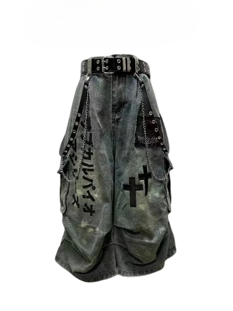 Shorts Calf-Length Jean Pants Trashy Abi Japanese Cyber Punk Grunge Unisex Summer Women Goblin Core Cross Denim Jorts