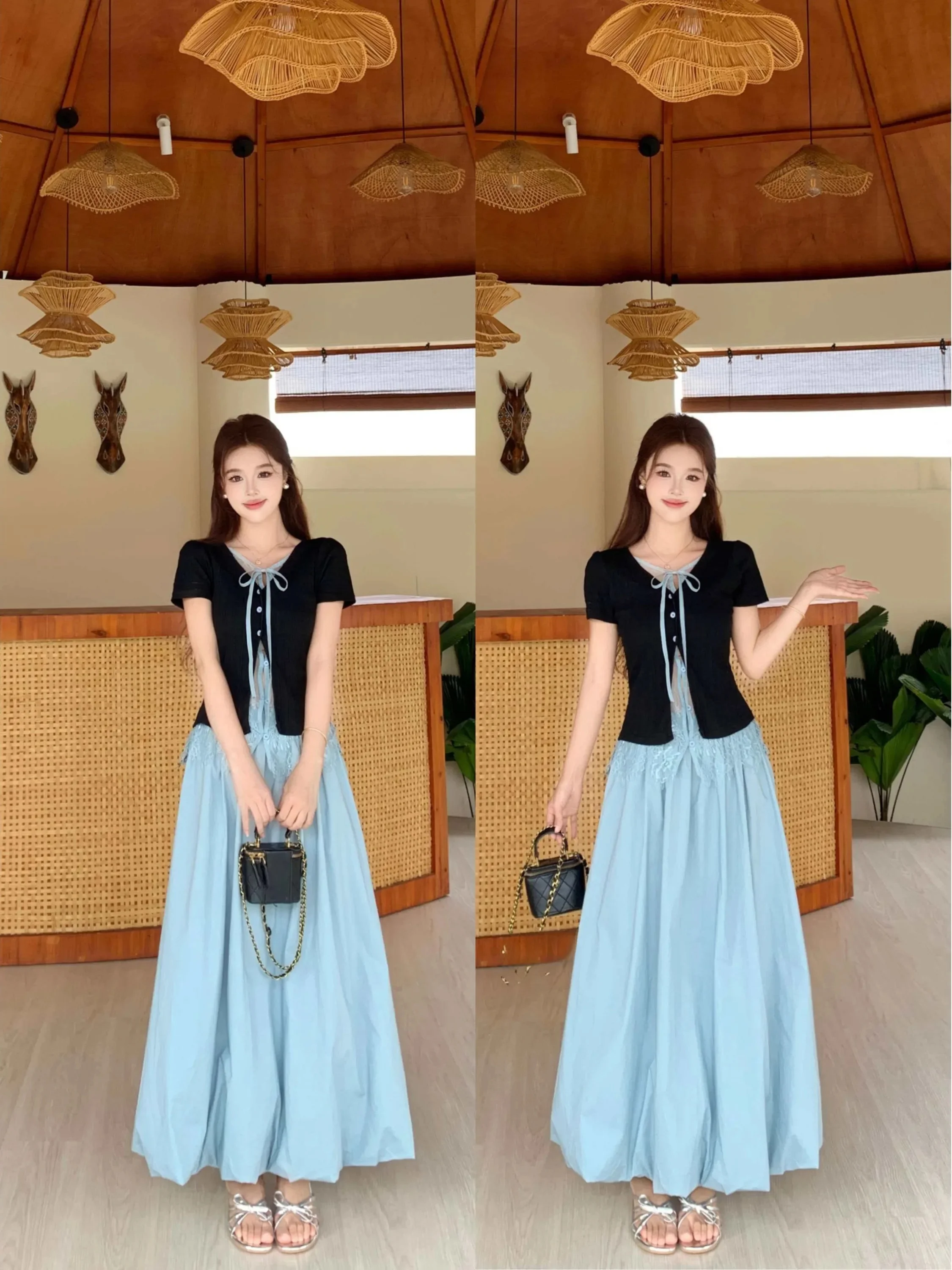 

plus Size Knitted Lace High Waist A-Line Skirt And T-Shirt Set Women's Fashion Casual Summer Thin V-Neck Knot