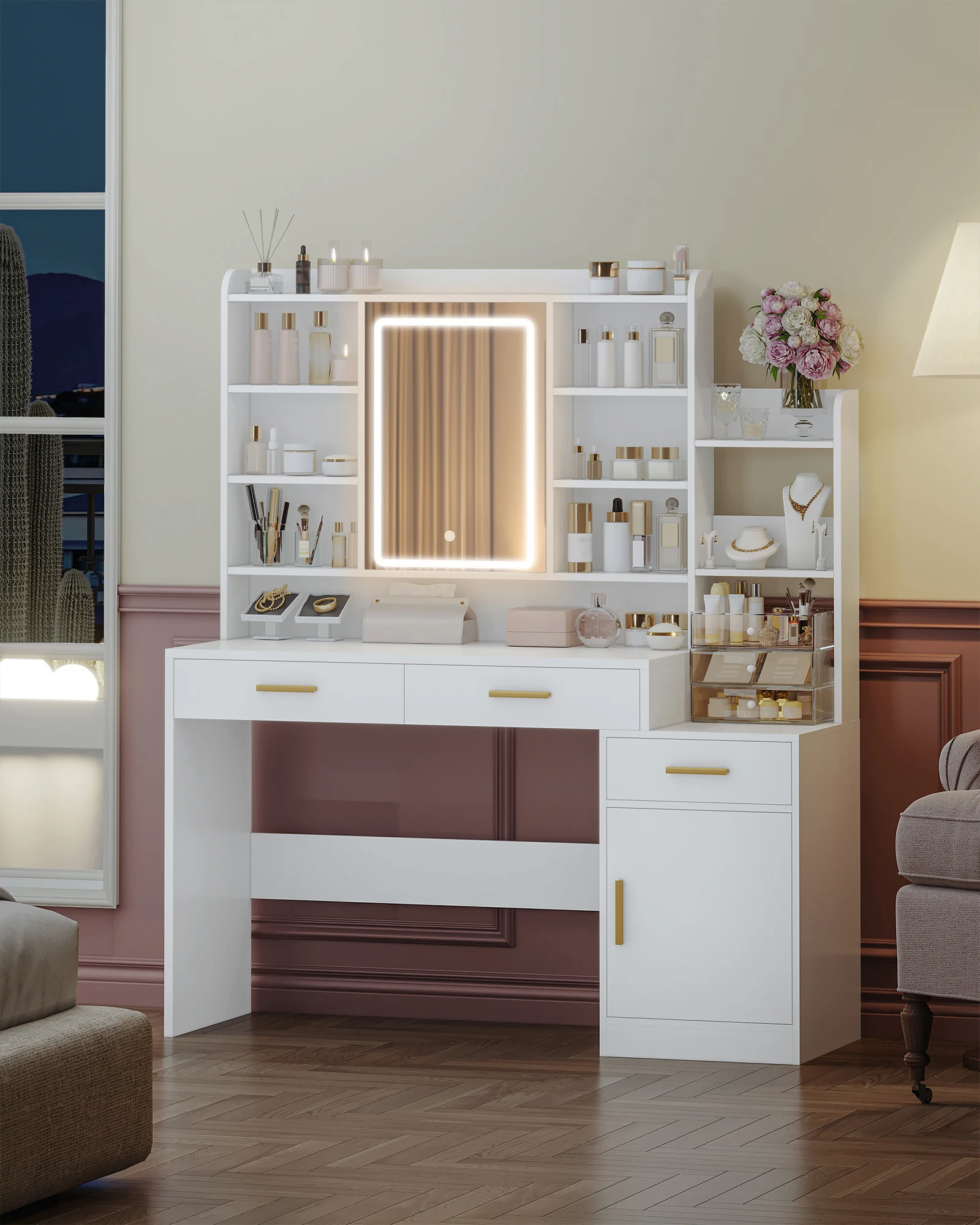 طاولة تزيين هزوانري مع مرآة، وإضاءة LED قابلة للتعديل، و3 أدراج وخزانة واحدة، وأرفف مفتوحة متعددة المستويات