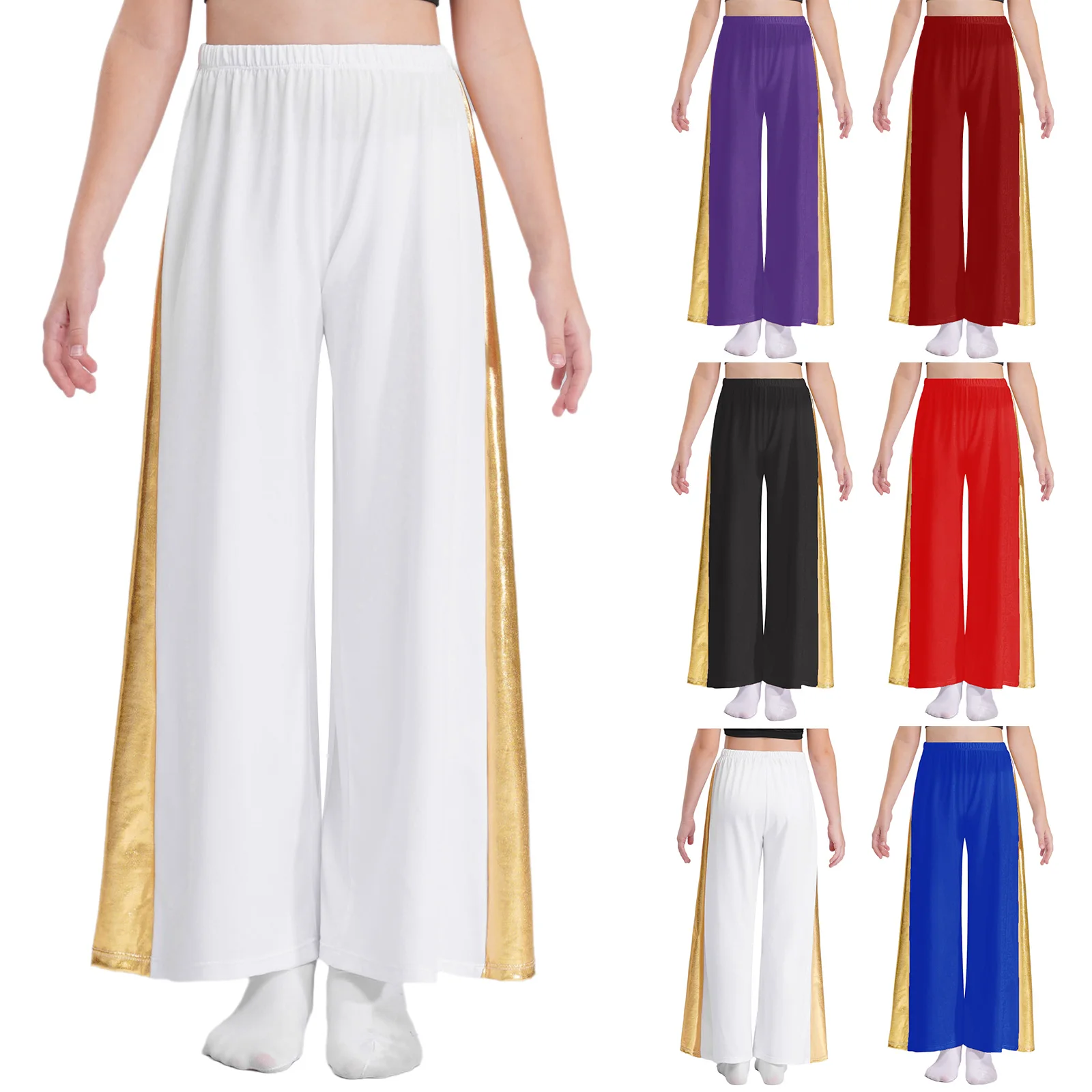 Kids Girls Wide-Leg Pants Children High Waist Loose Trousers for Liturgical Dance Ceremony Choir Performance Stage Party Costume