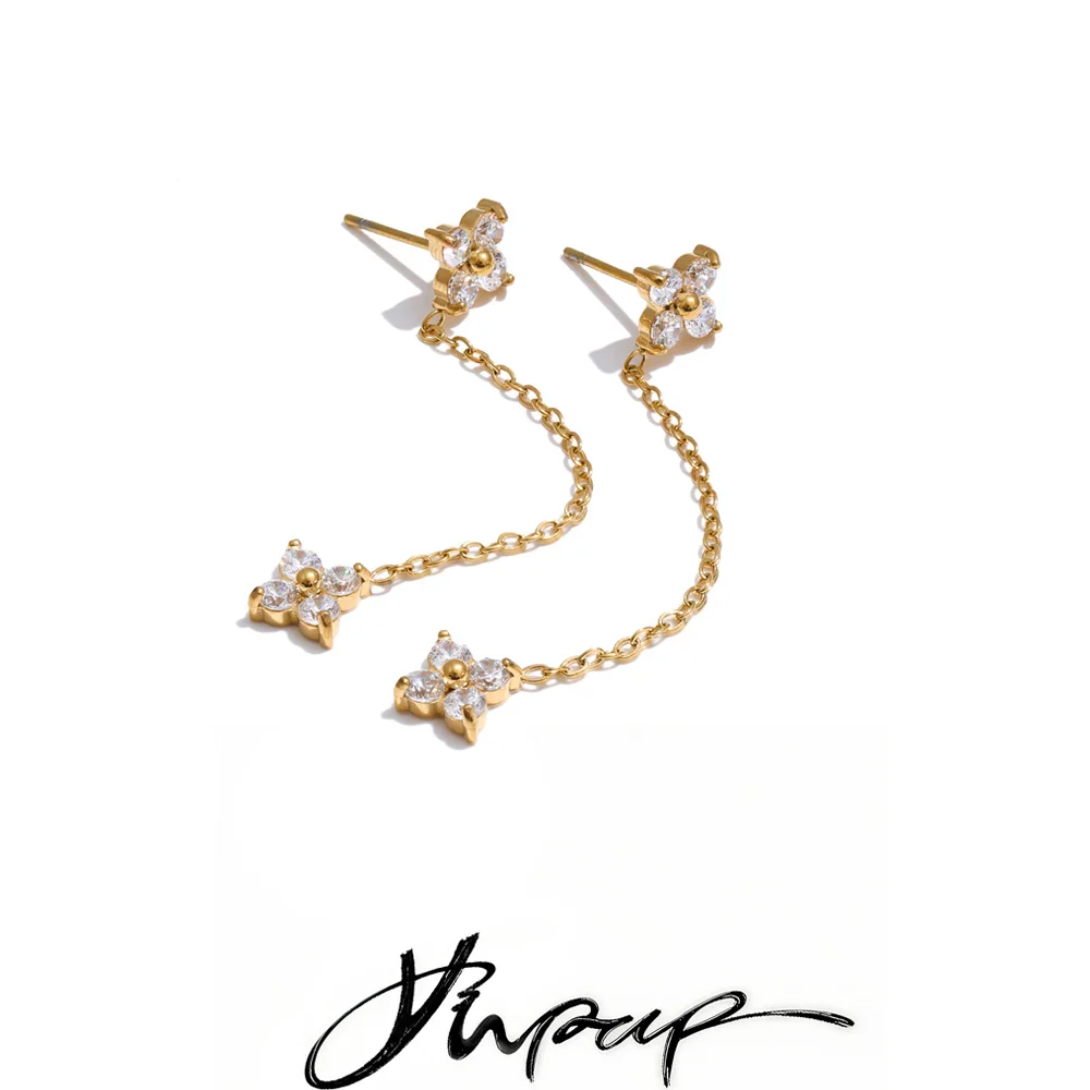 Yhpup Stainless Steel Cubic Zirconia Flower Chain Drop Dangle Earrings 2026 Delicate Fashion Daily Chic Jewelry Gala Waterproof