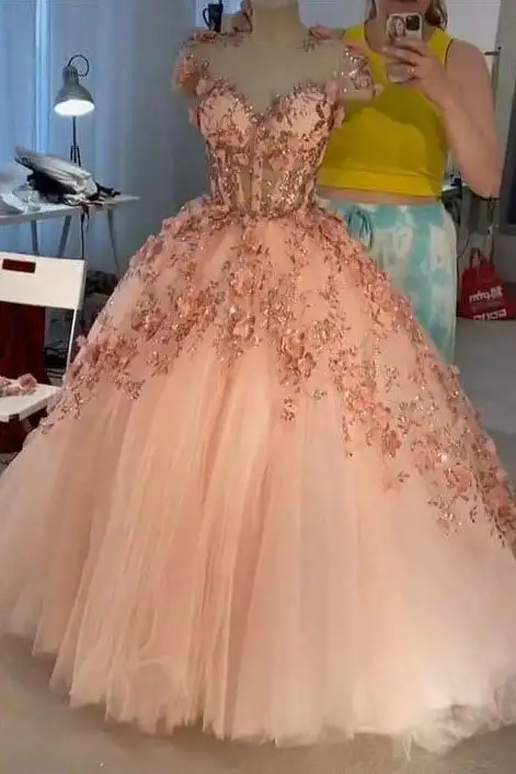 CloverBridal-flores 3D brillantes, malla brillante para Quinceañera, ilusión rosa, corpiño De hueso De 15 Quinceañera, 2023, WQ9735