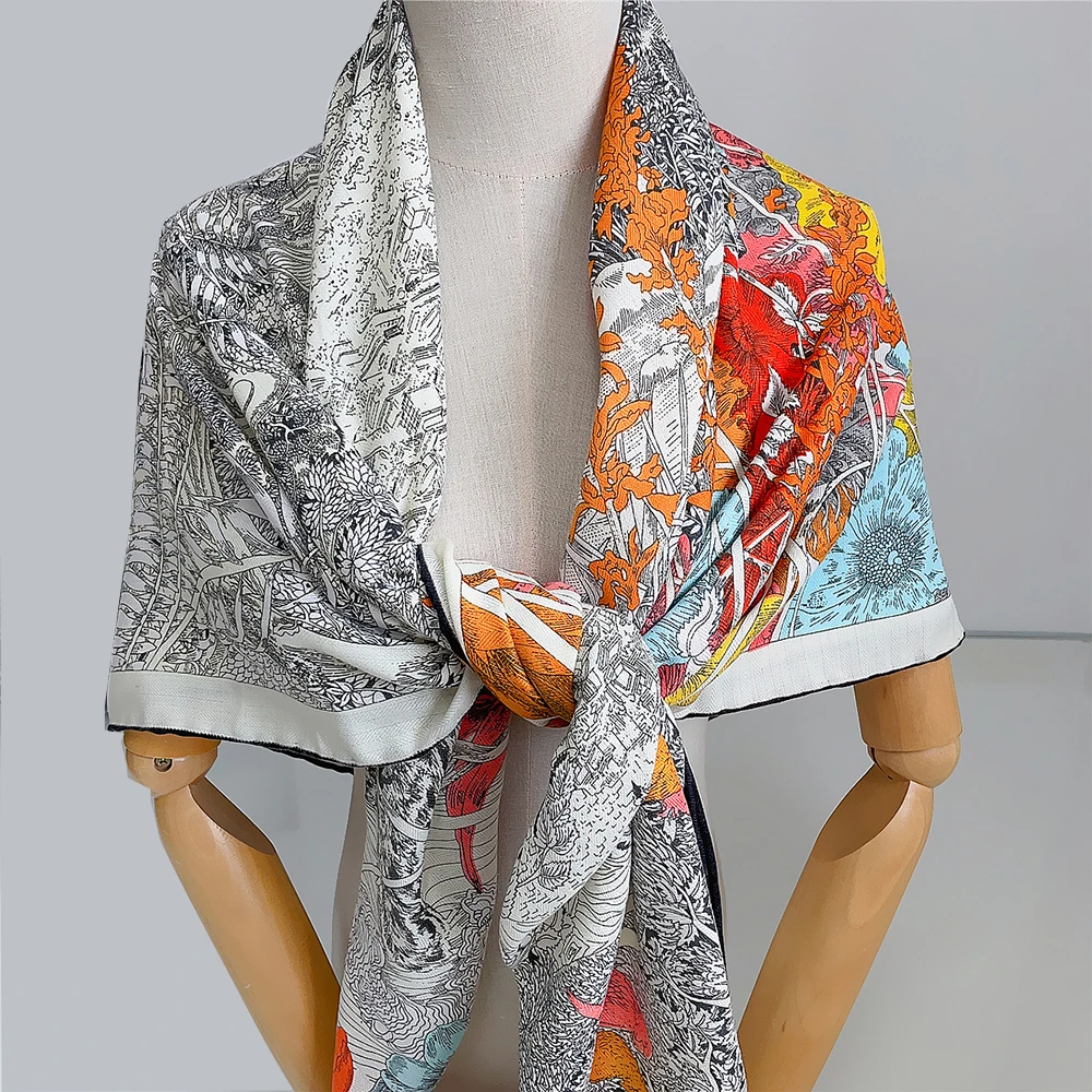 130CM Silk Cashmere Scarf Women Hand Rolled Shawls Forest City Print Square Scarves Wraps Bandana Big Hijabs Female sjaal