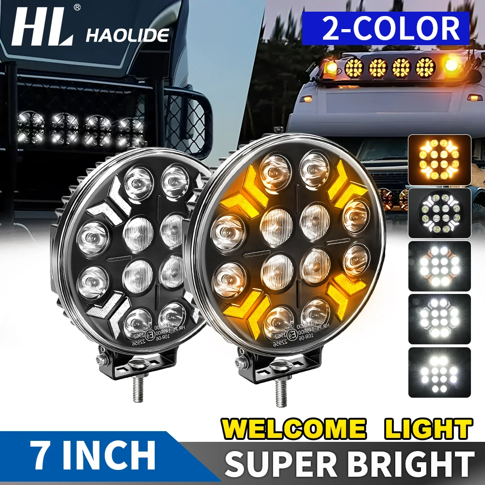 

HAOLIDE 7inch LED Work Light White Amber DRL E9 Yellow Welcom Light Super Bright Waterproof for Truck off-road use 12V 24V
