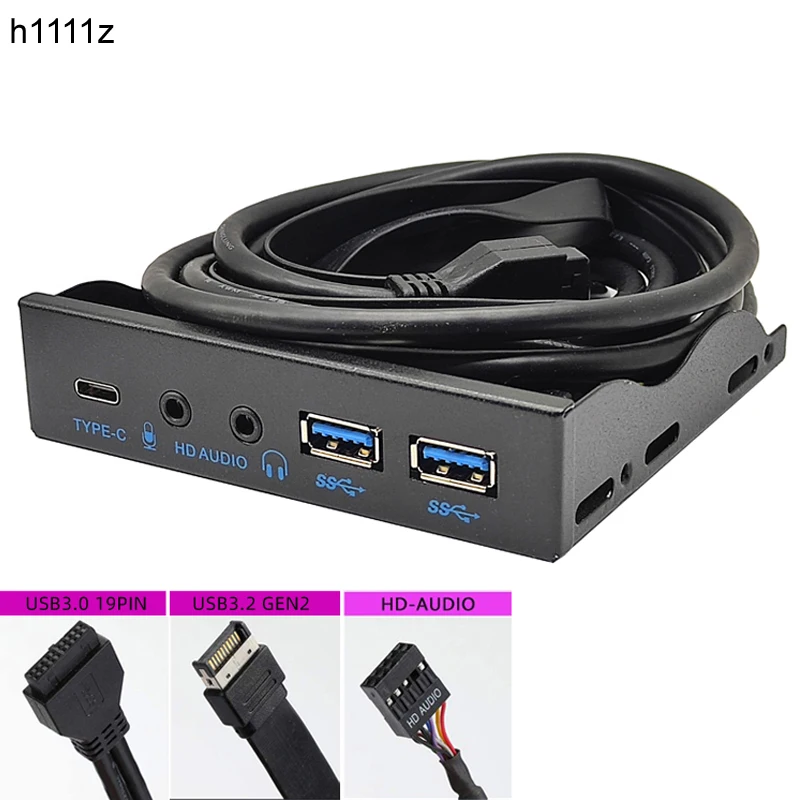 USB Front Panel Hub Adapter USB3.2 GEN2 10Gbps Type C + 2 Port USB 3.0 + 3.5mm Earphone + Microphone for PC 3.5