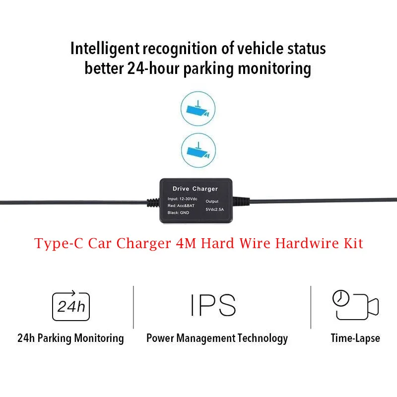 Para ddpai mini 5 12/24v tipo-c usb carregador de carro 4m fio duro kit para ddpai mini 5/z40/z50/mola n3 pro traço cam