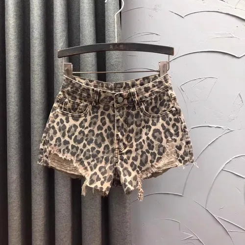 Pantalones cortos vaqueros de cintura alta con estampado de leopardo personalizados, moda de verano para mujer, pantalones vaqueros de pierna ancha con borde áspero, pantalones calientes