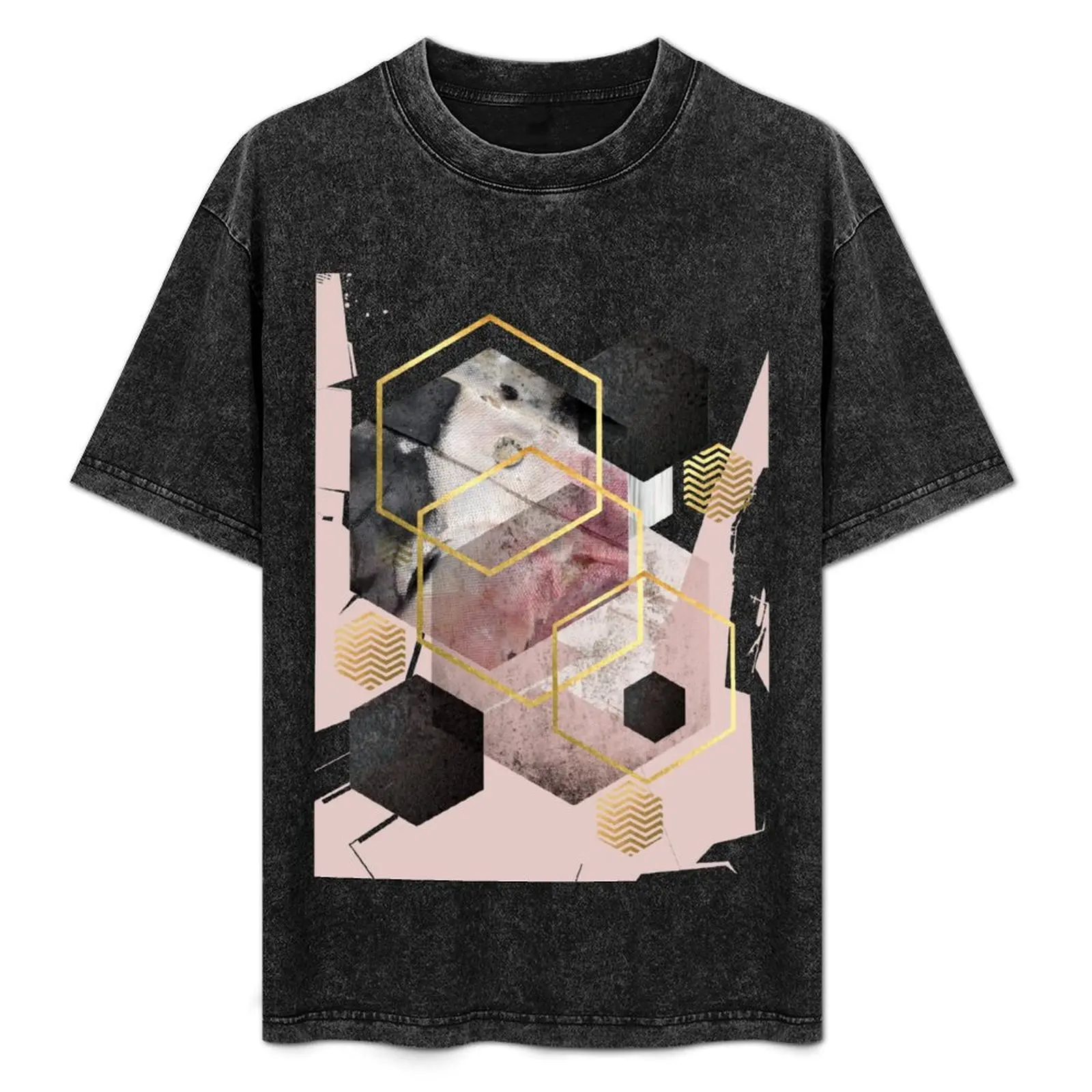 Camiseta Abstract Geo en rosa rubor y dorado, corte relajado, informal, de manga corta