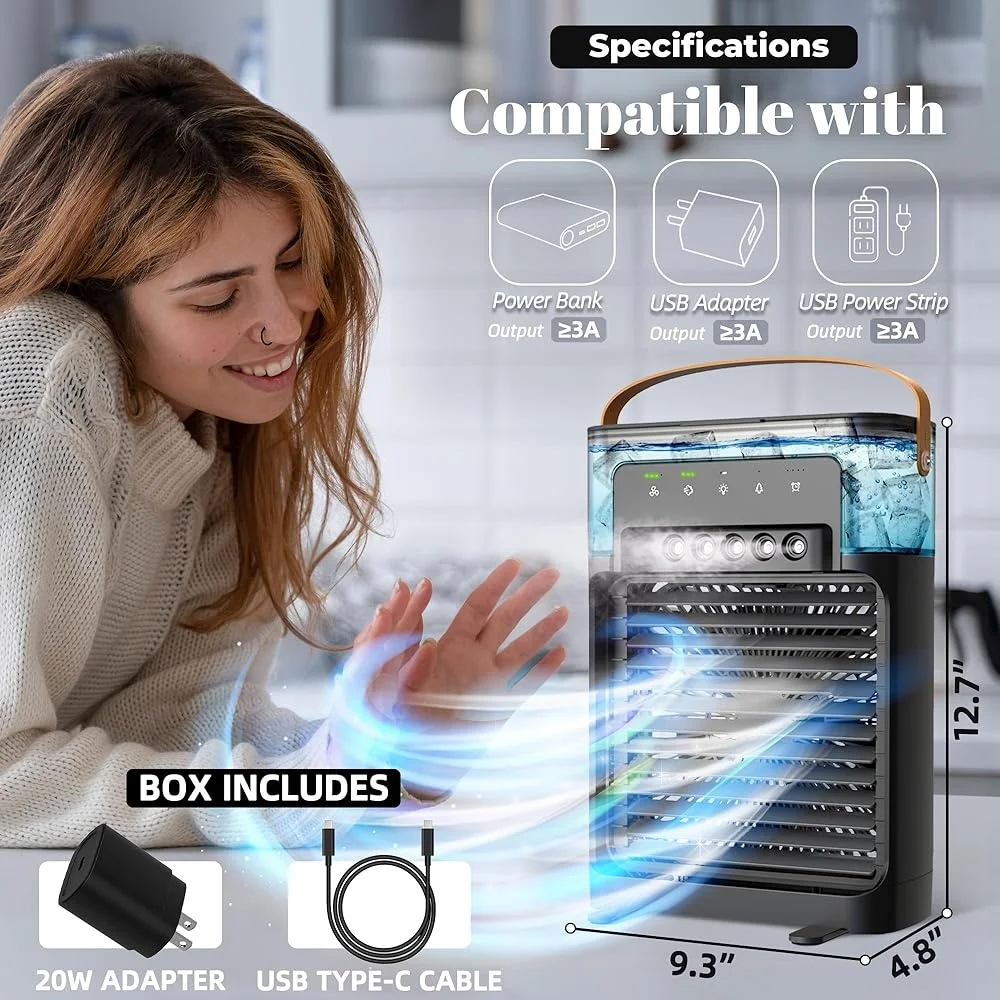 مروحة تبريد محمولة مع 4 سرعات USB-C وظيفة التغشية القابلة لإعادة الشحن LED ضوء رائحة العلاج مروحة تيار متردد شخصية خزان 1200 مل