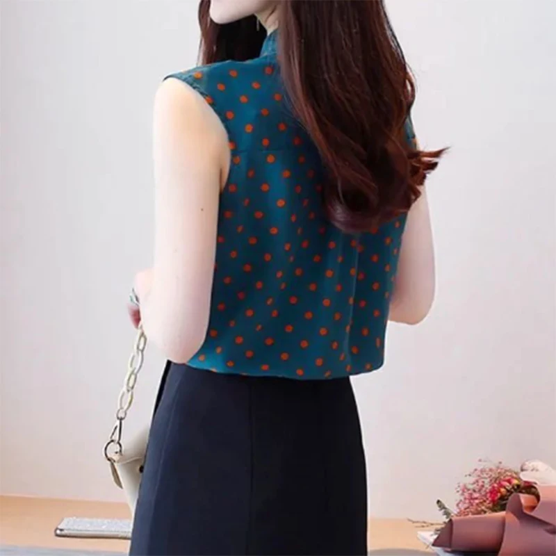 2022 New Summer Office Lady Elegant Fashion Polka Dot Print Bow Lace Up Loose Chiffon Tank Top Shirt Sleeveless Casual Blouses