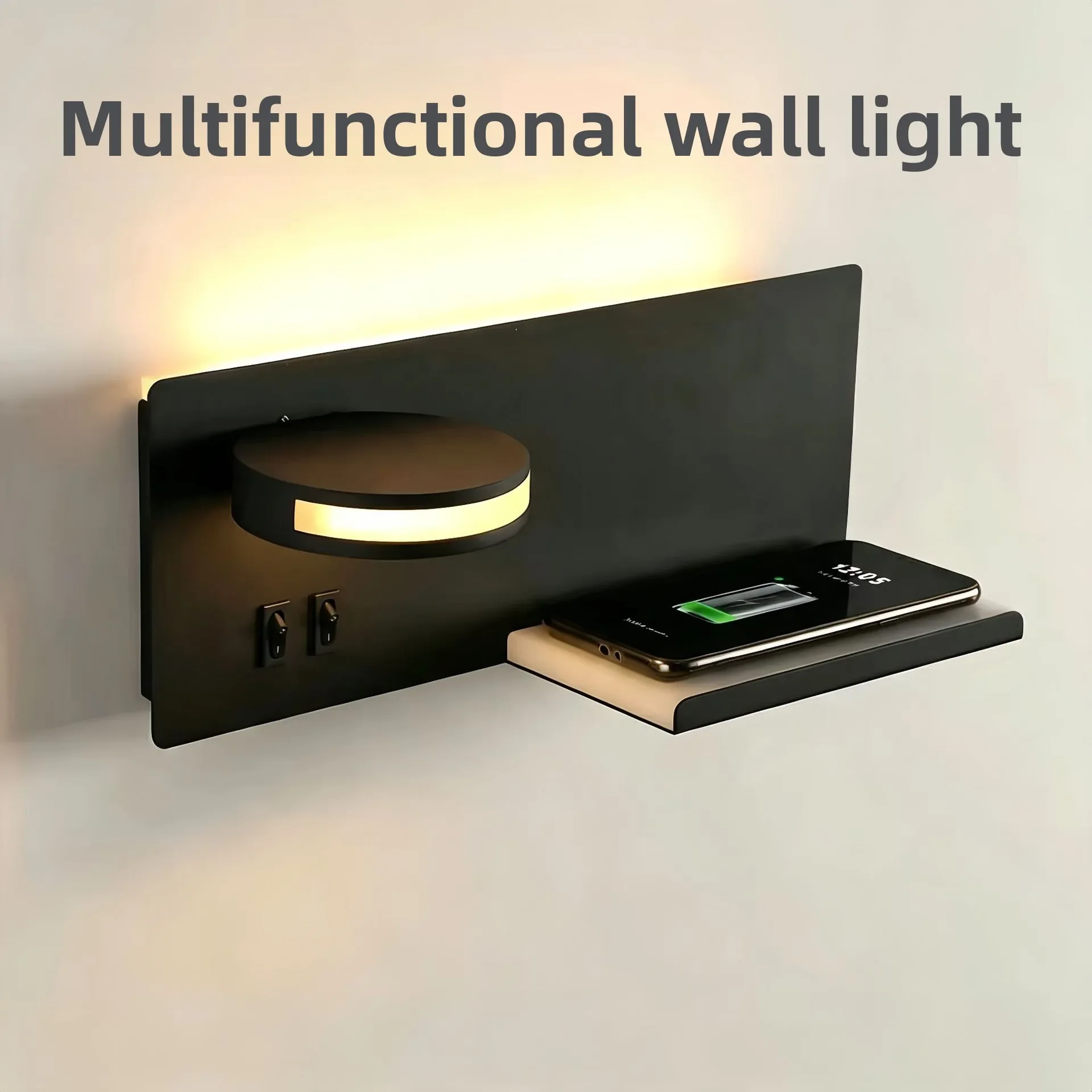 LED Bedroom Wall Lamp with Storage Shelf, Wireless Phone Charging + USB, Dual Light Reading Sconce for Hotel B&B