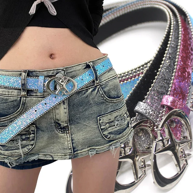 

Y2k Bling Star Rhinestone Belt Women's Brand Luxury Sequin Punk Metal Buckle Belt Fashion Waistband Jeans Pants Decor Belt