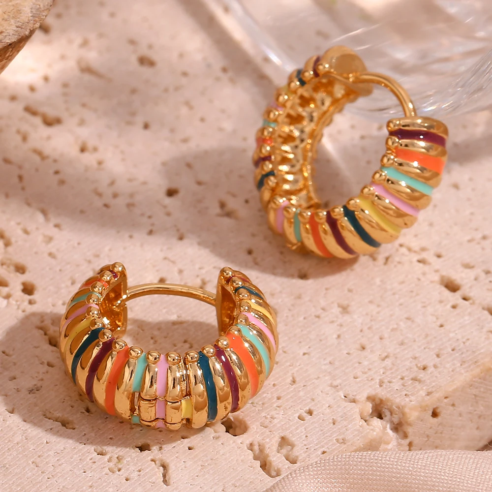 E.B.belle Hypoallergenic Colorful Enamel Round Circle Textured Caterpillar Hoop Earrings Gold Plated Stainless Steel Earring