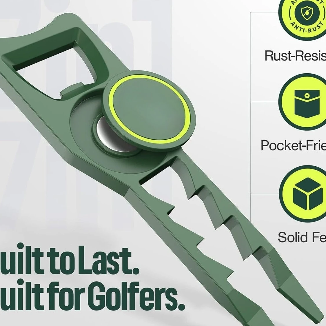 7 in 1 Metal Golf Divot Tool, Tee Height Selector, Bottle Opener, Groove Cleaner, Multifunctional Golf Accessory