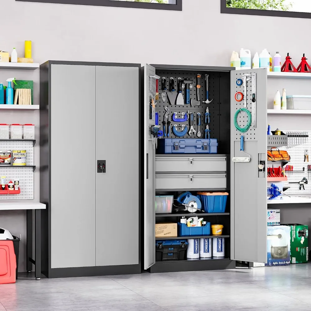 Metal Garage Storage Cabinet with Locking Doors and 2 Drawers, Heavy Duty Steel Tool Cabinet with Pegboard, 71