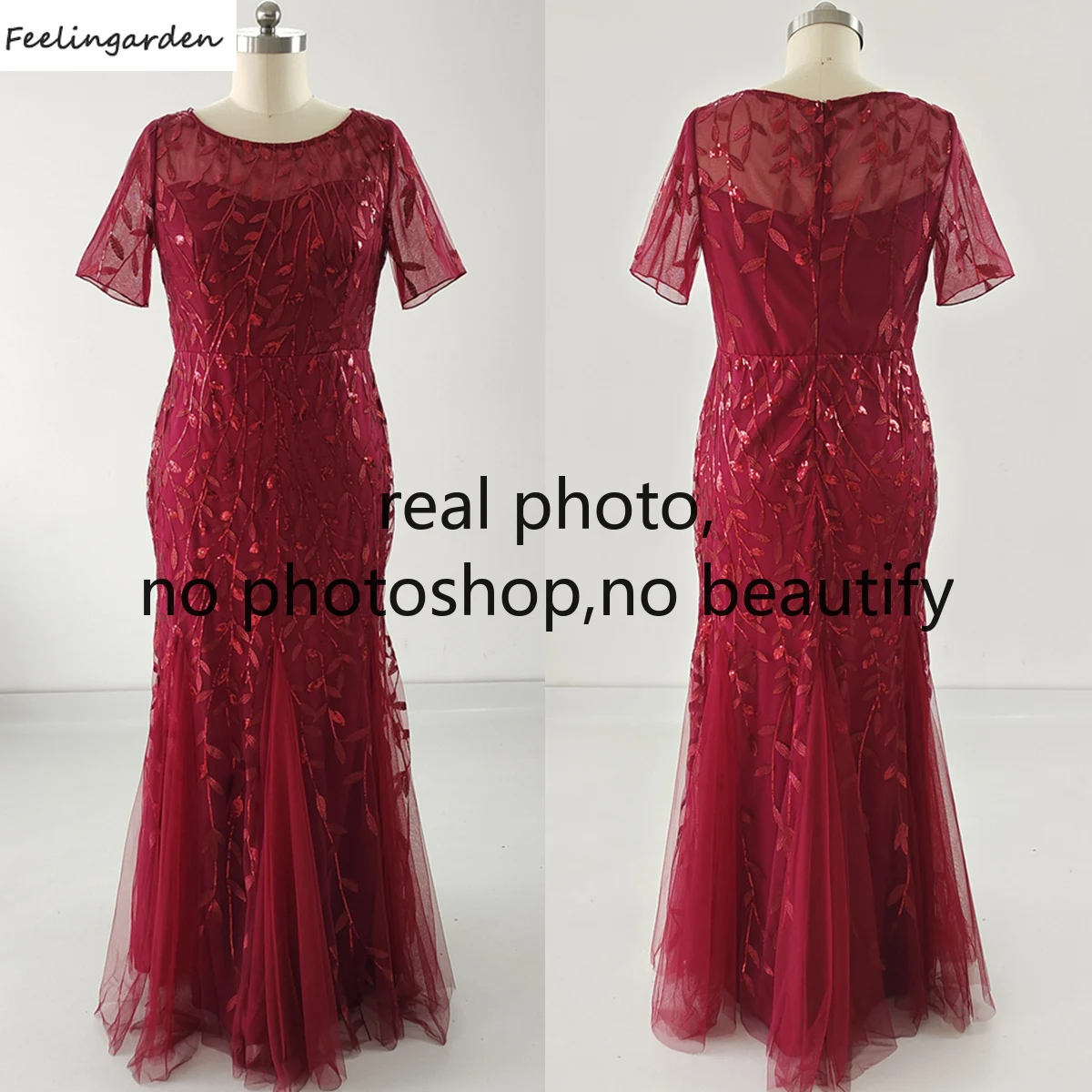 

Feelingarden Evening Dress Real Photo Plus size Wine Red O-neck Short Sleeve Zipper Back Mermaid Trumpet Floor Length Party Gown