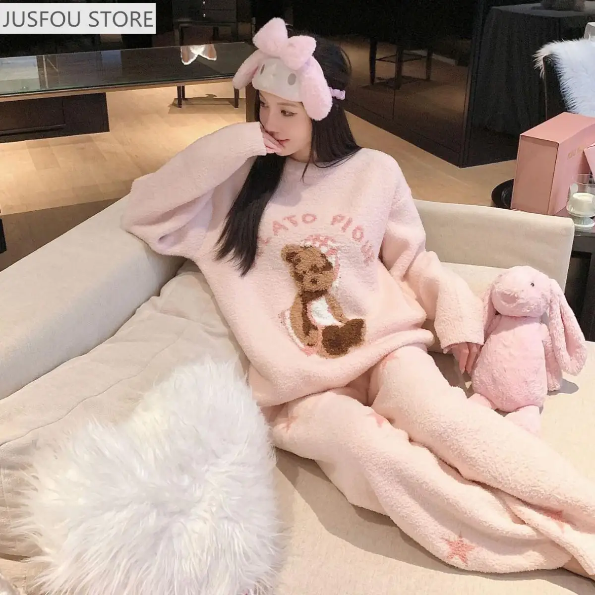 

Winter Sweet and Cute Cartoon Bear Pajamas for Girls, Lazy Style Thickened and Velvet Home Clothes, Half Velvet Suit