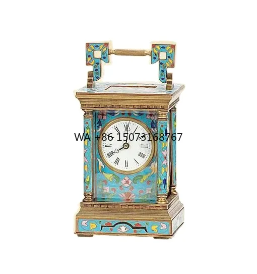 Middle Turquoise Cloisonne Enamel Brass Corinthian Column Case & Dial& Sides Panels Visible Platform Escapement Carriage Clock
